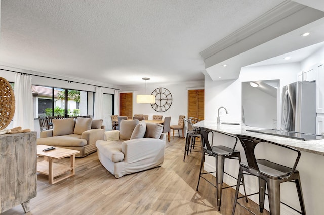 living room featuring light wood-type flooring, a textured ceiling, crown molding, and sink