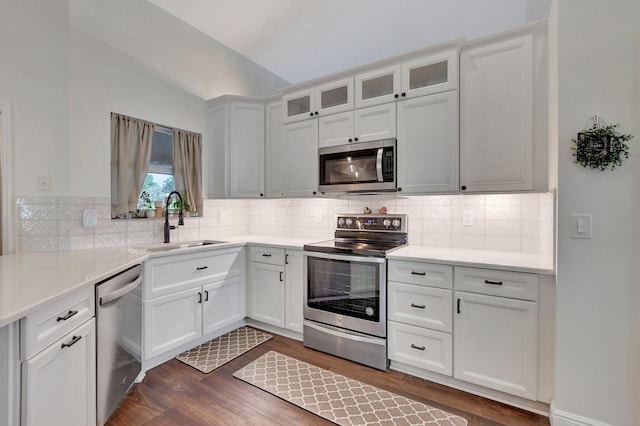 kitchen with white cabinetry, sink, stainless steel appliances, and dark hardwood / wood-style floors