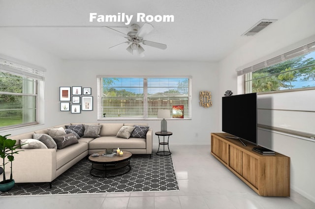 living room featuring ceiling fan and a wealth of natural light