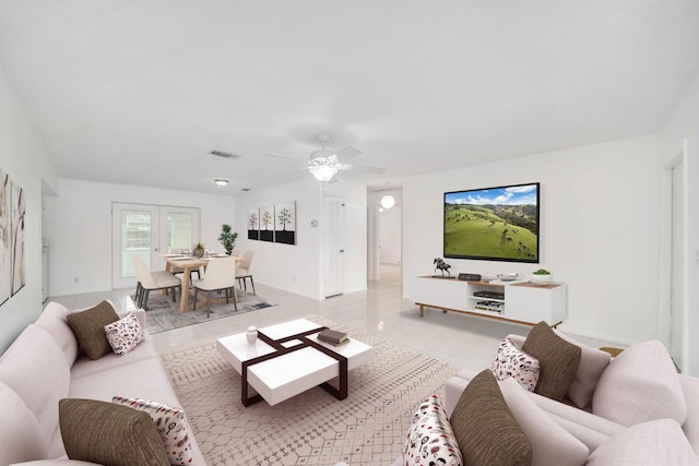 living room with ceiling fan