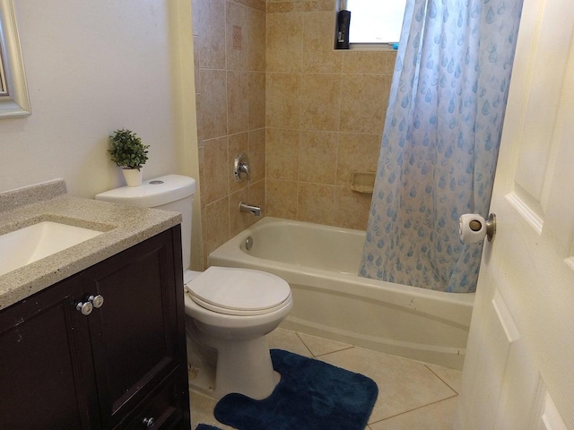 full bathroom featuring toilet, shower / tub combo, tile patterned floors, and vanity