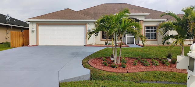 ranch-style home featuring a front lawn and a garage