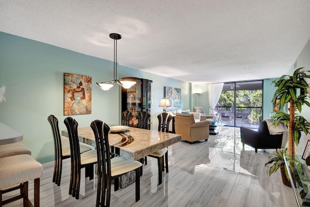 dining area with a textured ceiling, a wall of windows, and light hardwood / wood-style floors