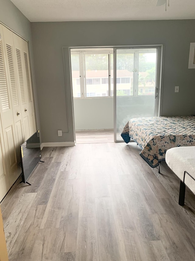 bedroom with light wood-type flooring, access to exterior, baseboards, and a closet