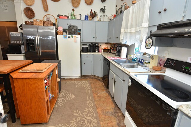 kitchen with electric stove, sink, black dishwasher, stainless steel refrigerator with ice dispenser, and white fridge
