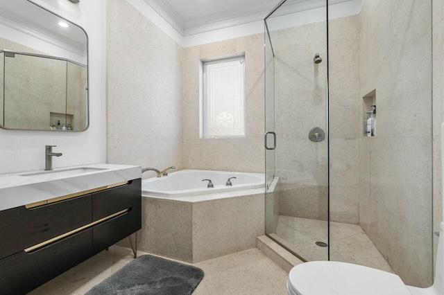 full bathroom with separate shower and tub, vanity, tile patterned flooring, toilet, and ornamental molding