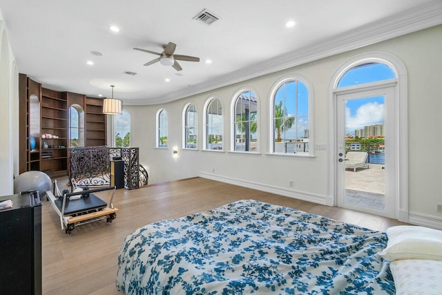 bedroom featuring ceiling fan, access to exterior, multiple windows, and light hardwood / wood-style floors