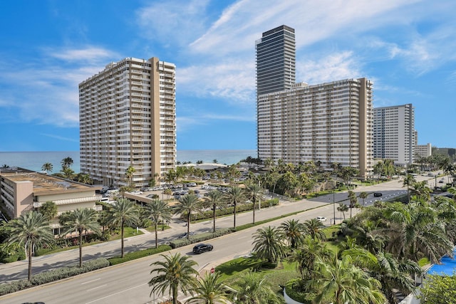 view of building exterior with a water view