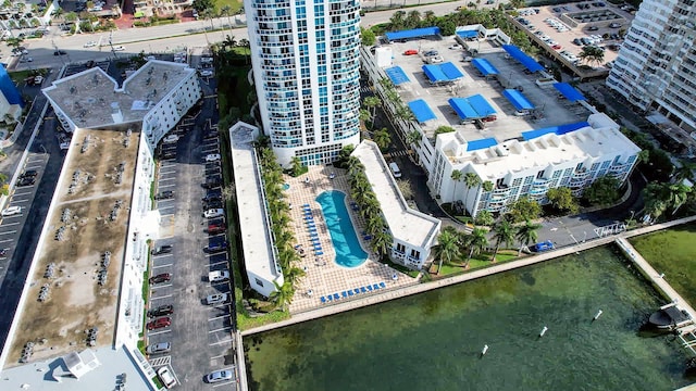 aerial view featuring a water view