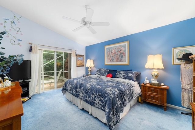 bedroom featuring ceiling fan, access to exterior, carpet, and lofted ceiling