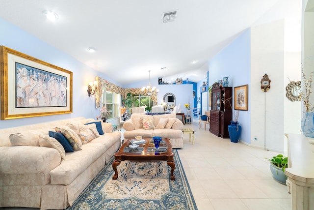 living room with vaulted ceiling and an inviting chandelier