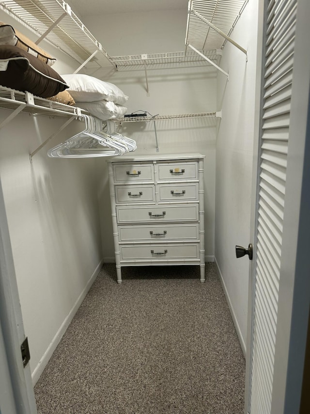 spacious closet featuring dark colored carpet