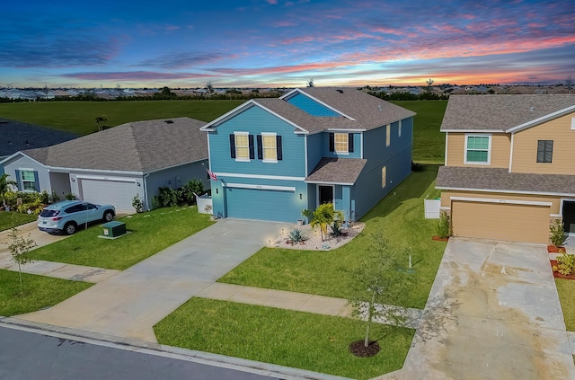 view of front of house with a garage and a lawn