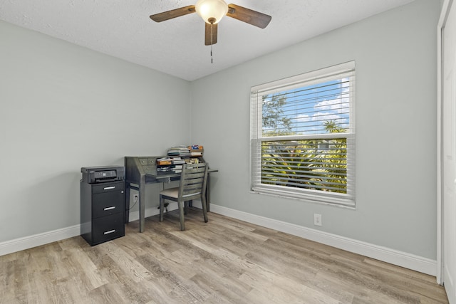 office area with ceiling fan, a textured ceiling, and light hardwood / wood-style floors