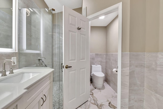 bathroom featuring an enclosed shower, toilet, tile walls, and vanity