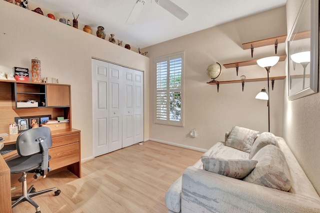 office featuring ceiling fan and light hardwood / wood-style flooring