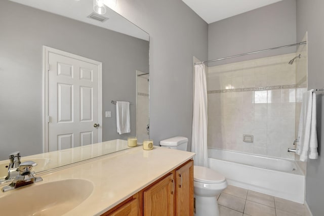 full bathroom with toilet, vanity, tile patterned flooring, and shower / bathtub combination with curtain