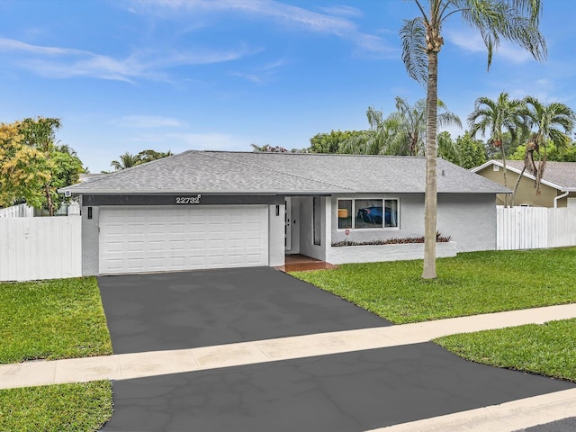 ranch-style house featuring a front yard and a garage