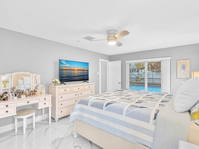 bedroom featuring ceiling fan and access to outside