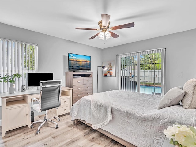 bedroom featuring ceiling fan, access to outside, and light wood-type flooring