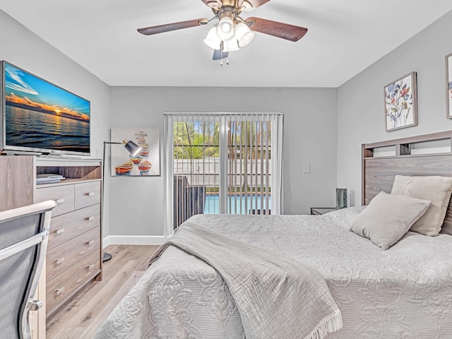 bedroom featuring access to outside, ceiling fan, and light hardwood / wood-style flooring