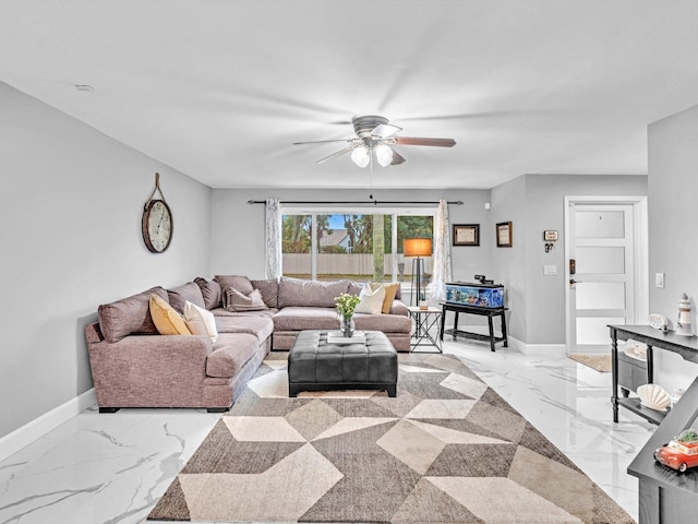 living room with ceiling fan