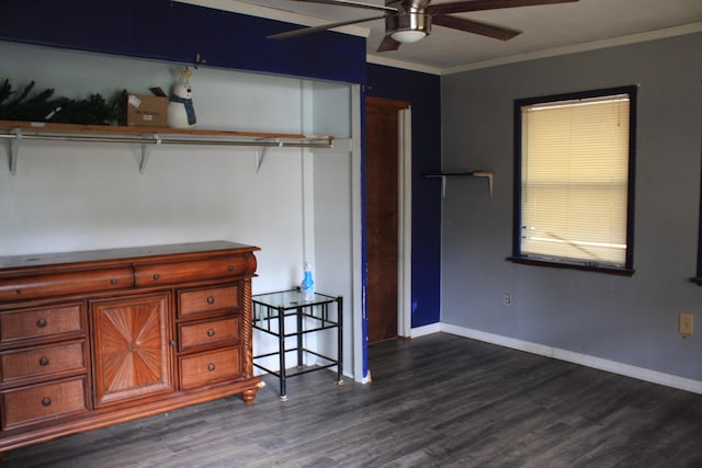 bedroom featuring ceiling fan, dark hardwood / wood-style flooring, and ornamental molding