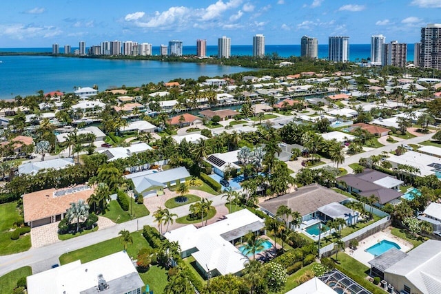 drone / aerial view with a water view