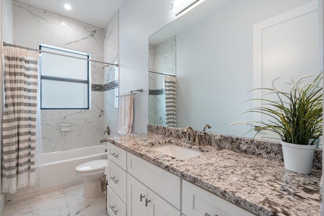 full bathroom with vanity, toilet, and shower / bath combo with shower curtain