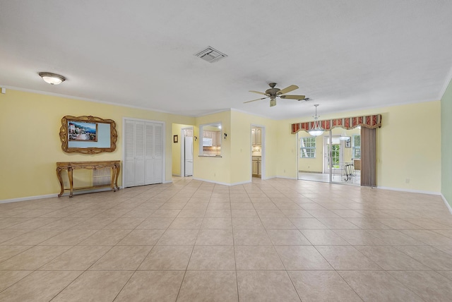 unfurnished living room with light tile patterned floors, crown molding, and ceiling fan