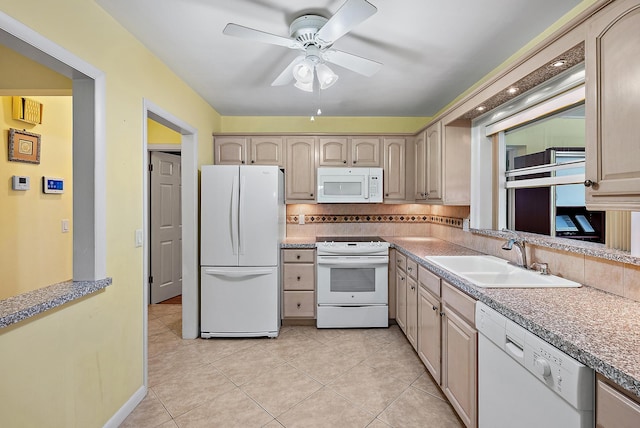 kitchen featuring a sink, light tile patterned flooring, white appliances, tasteful backsplash, and ceiling fan