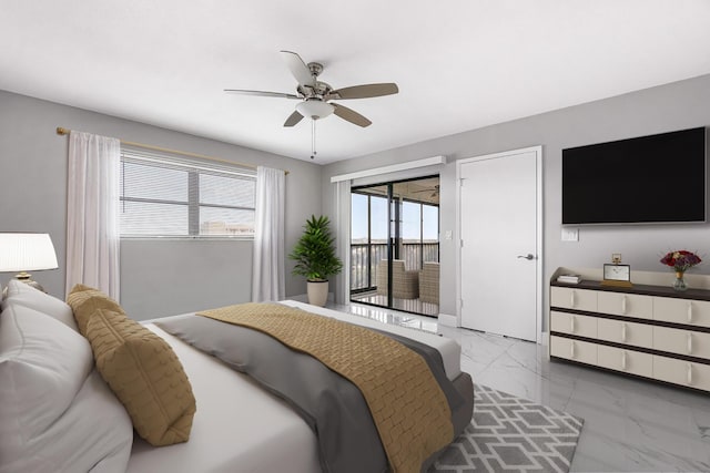 bedroom featuring access to exterior and ceiling fan