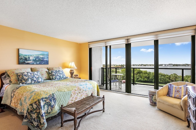 carpeted bedroom featuring access to exterior, a textured ceiling, and a water view