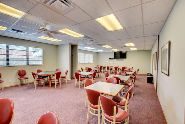 dining space with a paneled ceiling, ceiling fan, and carpet flooring