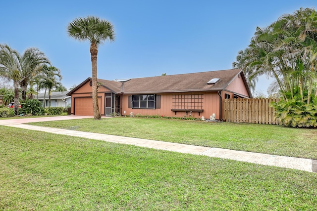 view of front of property featuring a front yard, fence, driveway, and an attached garage