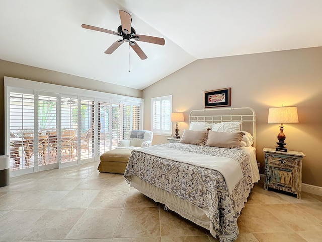 bedroom with lofted ceiling, access to outside, and ceiling fan