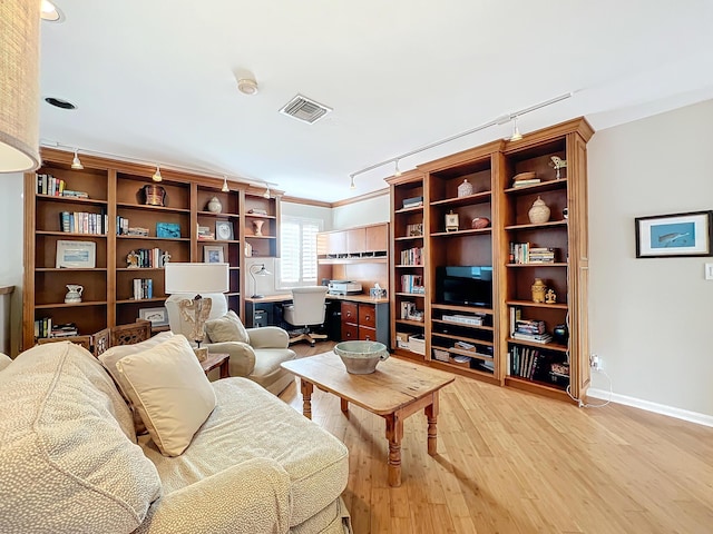 living room featuring rail lighting and light hardwood / wood-style floors