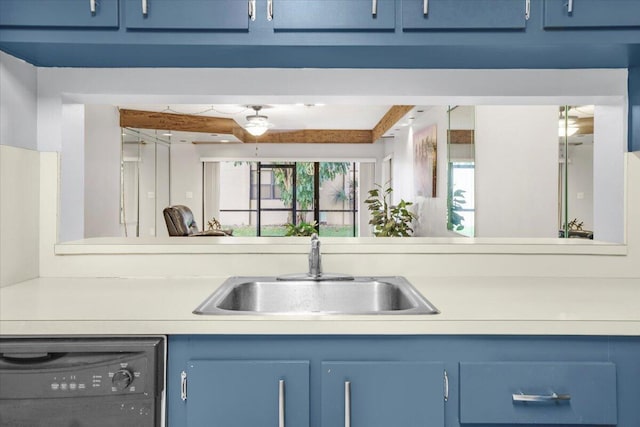 kitchen featuring sink, black dishwasher, beamed ceiling, and blue cabinets