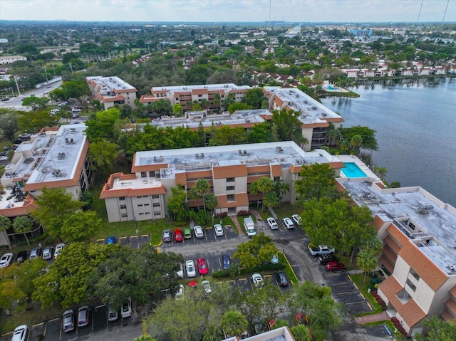 drone / aerial view featuring a water view