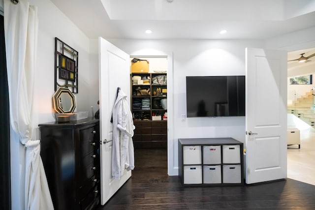 interior space with dark wood-type flooring