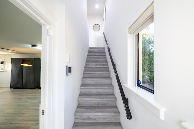 stairs featuring wood-type flooring