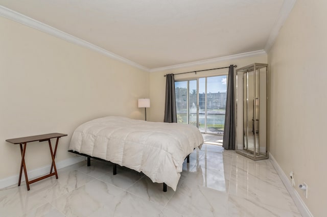 bedroom with access to outside and crown molding