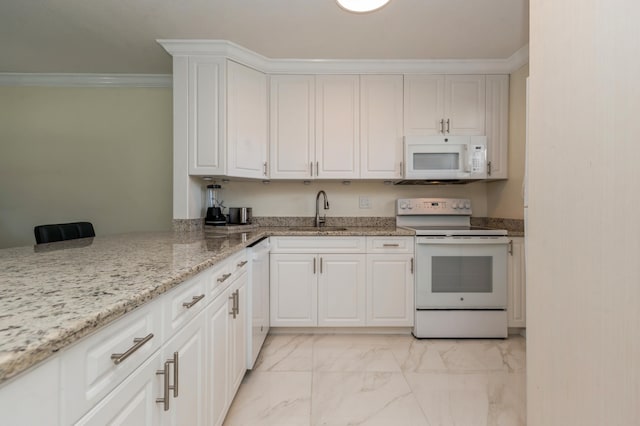 kitchen with sink, crown molding, white appliances, white cabinetry, and light stone countertops