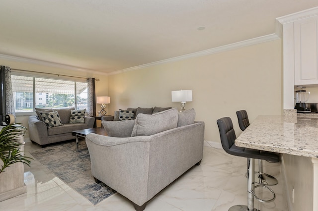 living room with crown molding