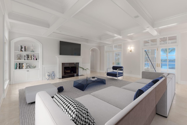 living room featuring built in shelves, beamed ceiling, and coffered ceiling