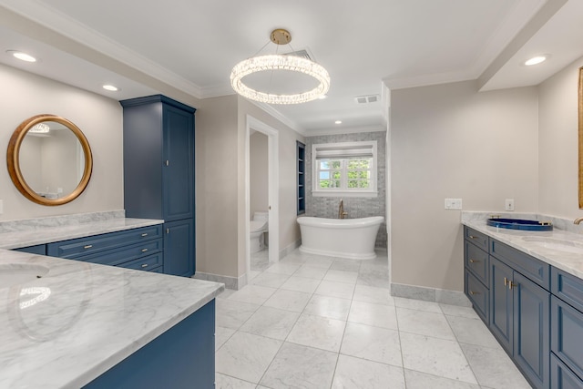 bathroom featuring toilet, a bath, crown molding, and an inviting chandelier