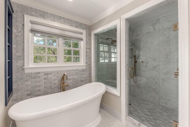 bathroom featuring independent shower and bath and ornamental molding