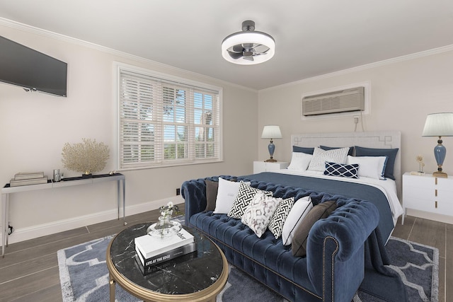 bedroom featuring ornamental molding and a wall mounted AC