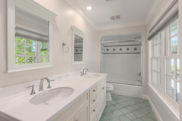 full bathroom featuring toilet, shower / bathtub combination, tile patterned flooring, crown molding, and vanity