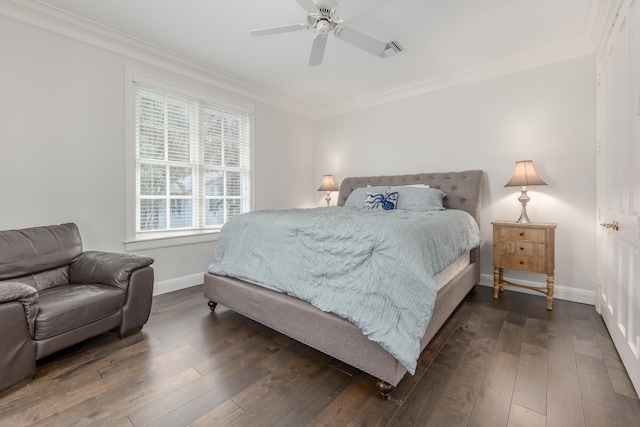 bedroom with ceiling fan, dark hardwood / wood-style flooring, ornamental molding, and multiple windows